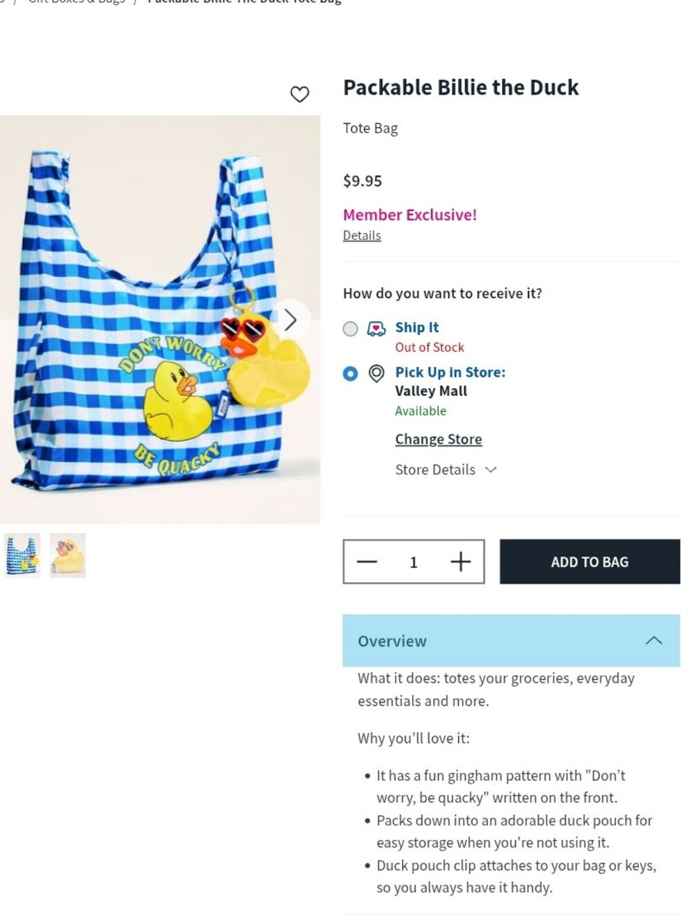 Billie The Duck Packable Bag Blue Gingham Member Exclusive '26 BATH & BODY WORKS - Picture 11 of 12